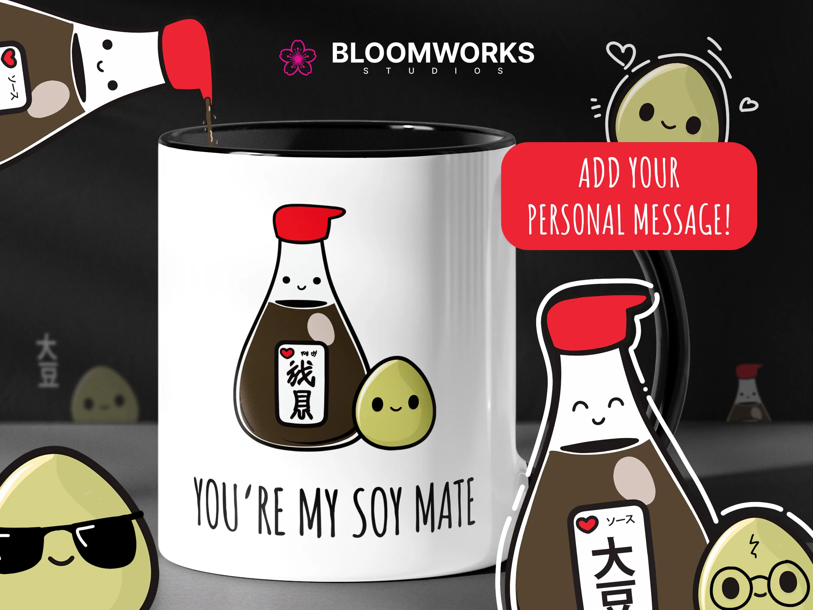 Kawaii soy sauce and edamame mug with personalization option