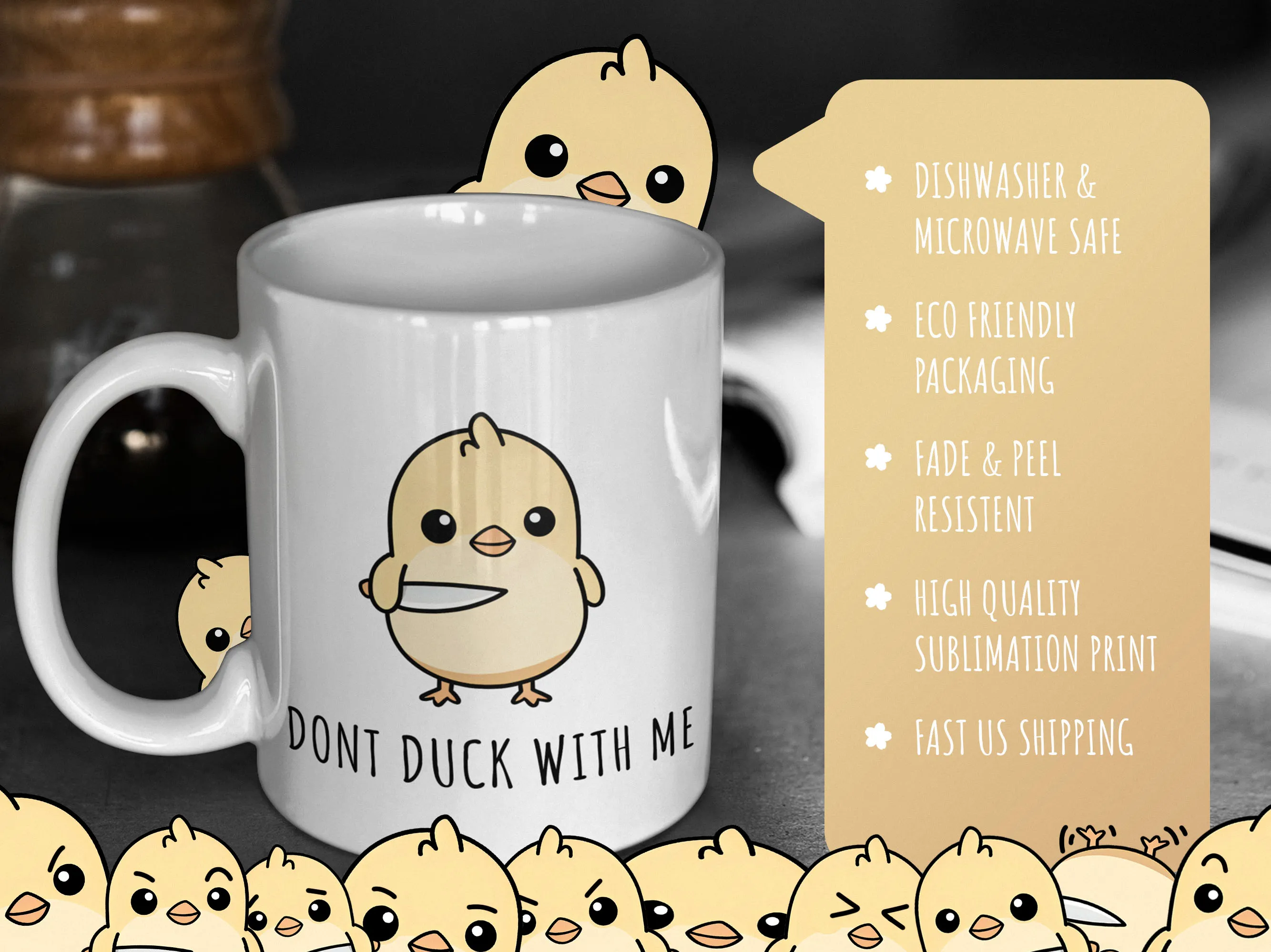 Kawaii duck mug - 'Don't Duck With Me' with product features