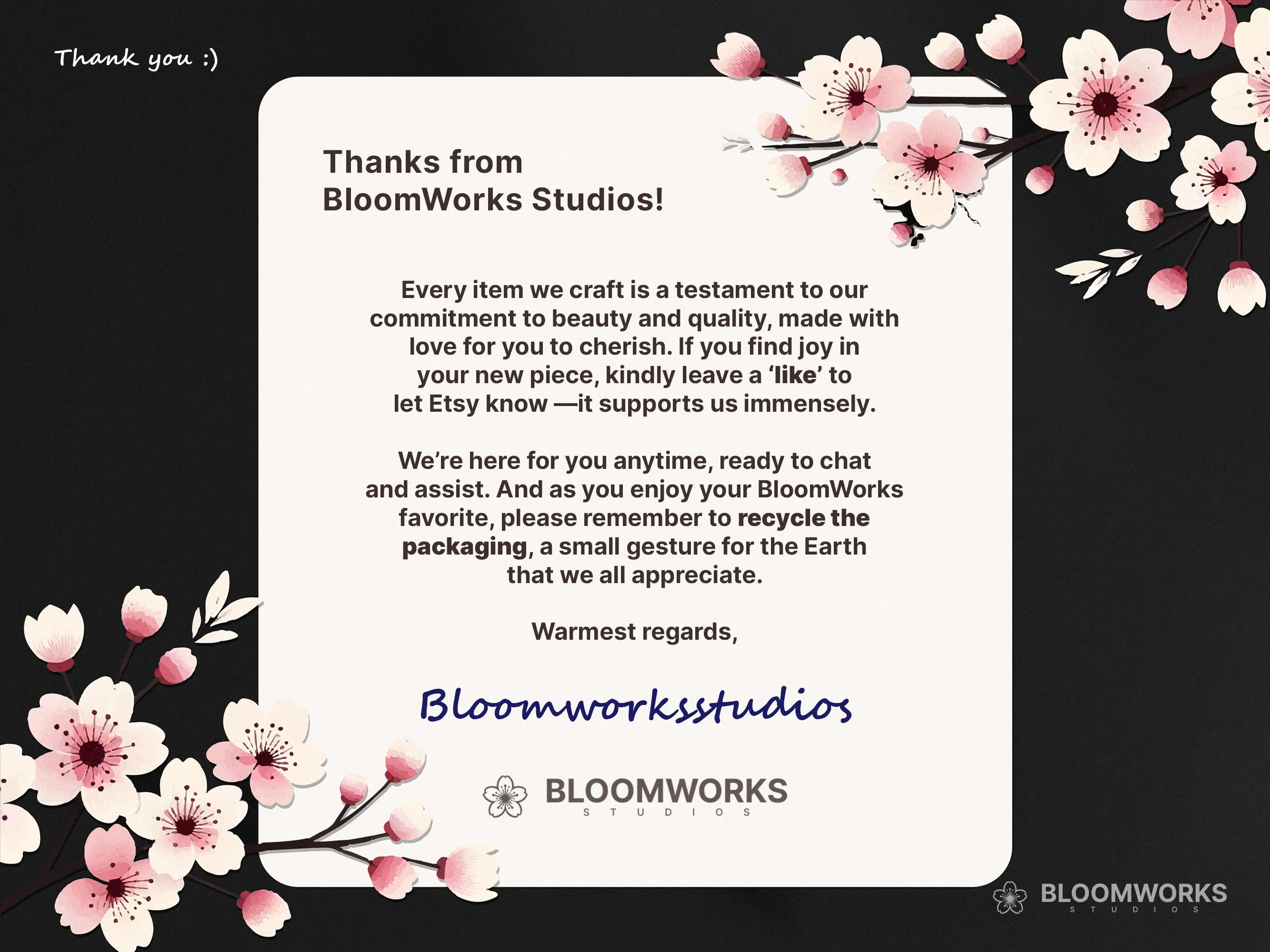 BloomWorks Studios thank you card with cherry blossom branding