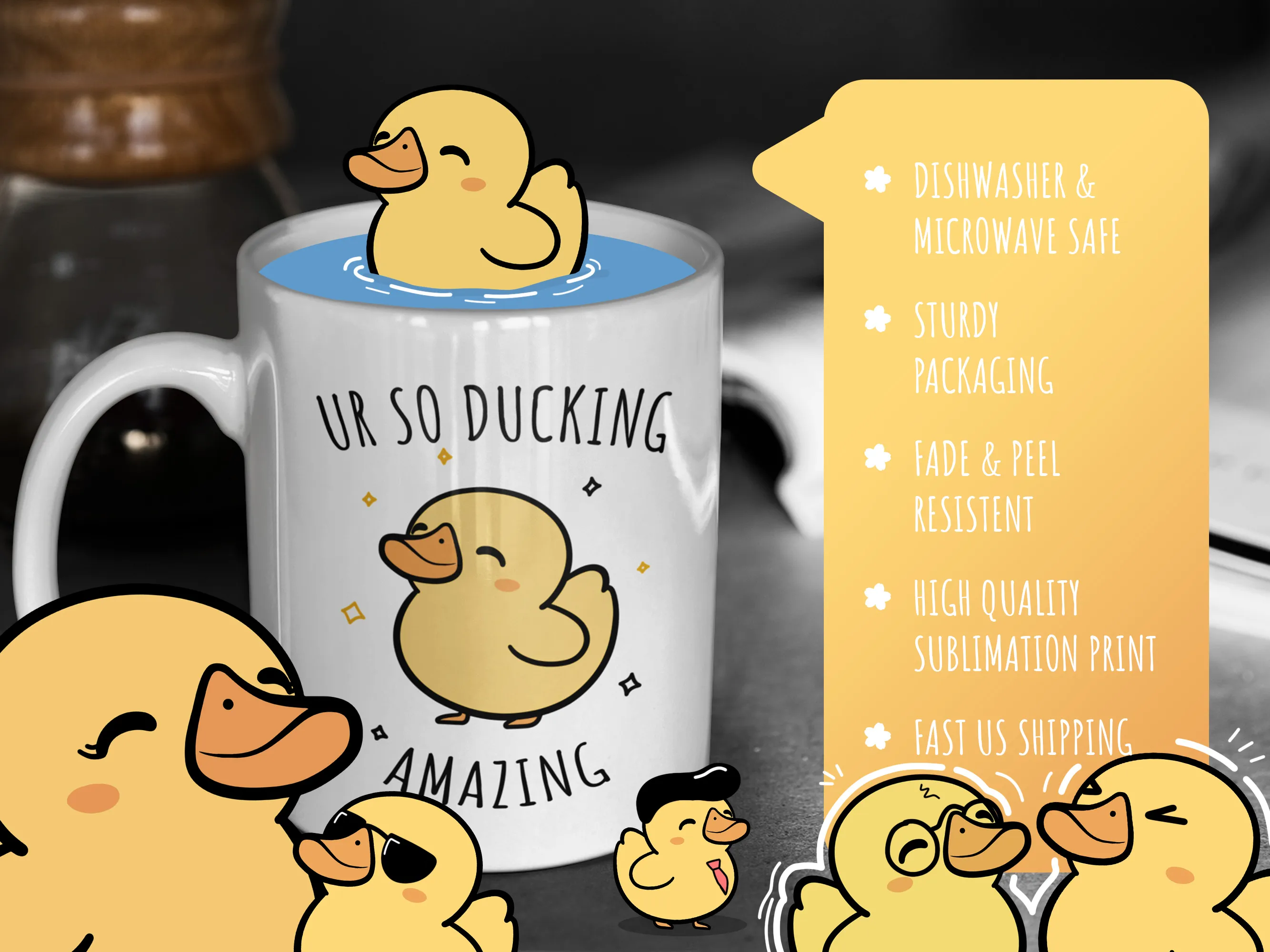 Kawaii rubber duck mug - 'Ur So Ducking Amazing' with product features