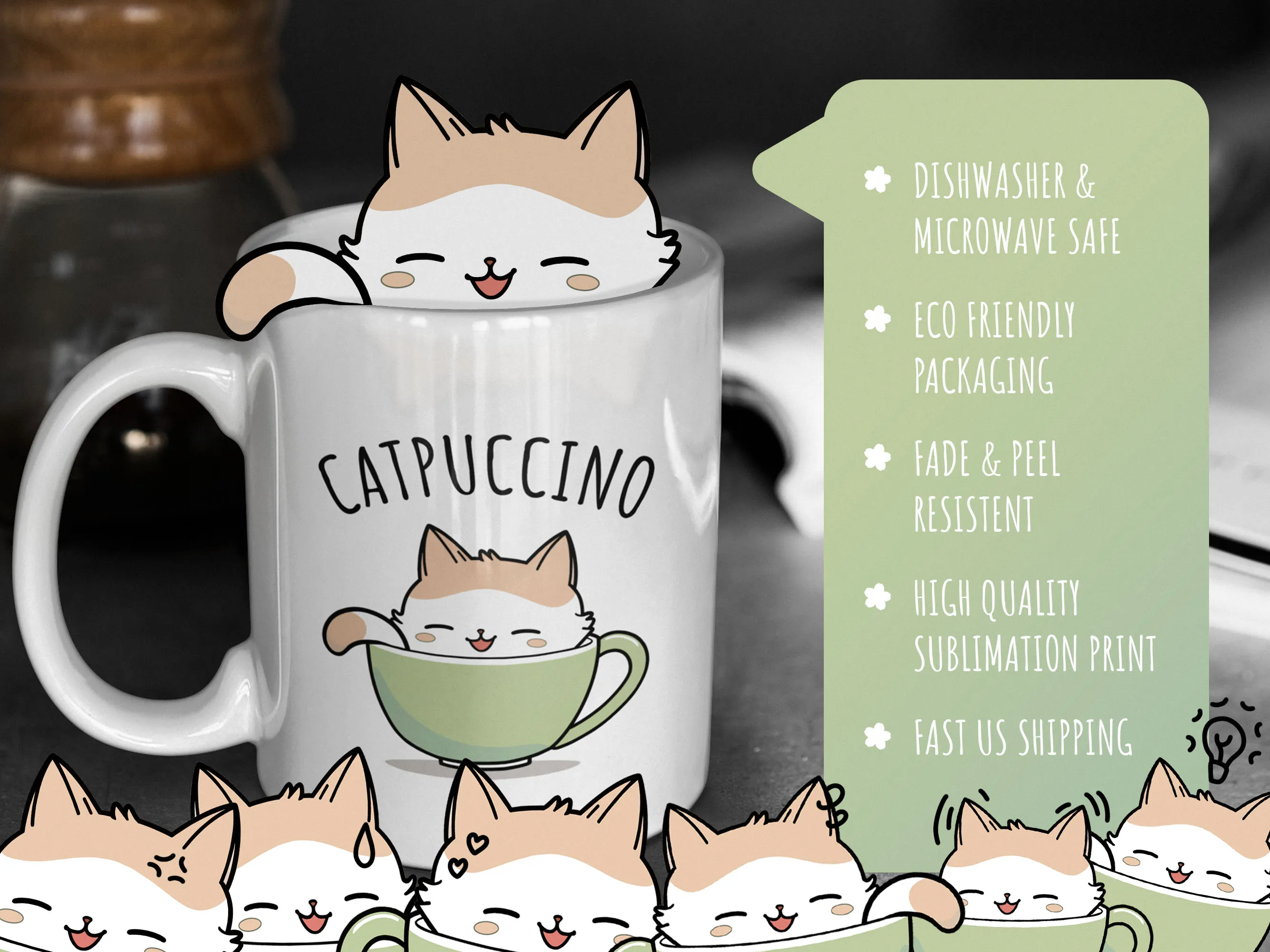 Kawaii cat mug - 'Catpuccino' with product features