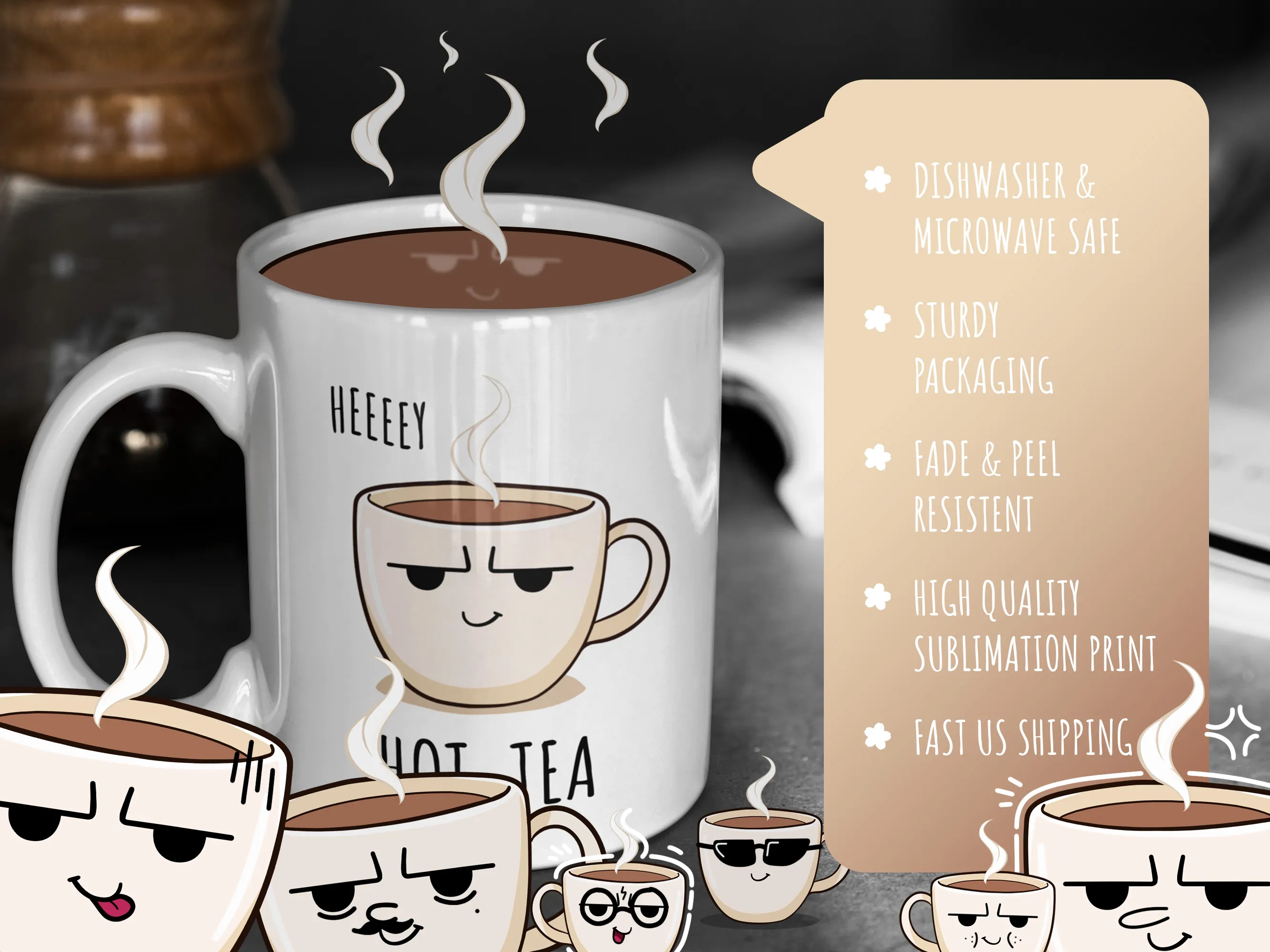Kawaii hot tea mug - 'Heeeey Hot Tea' with product features