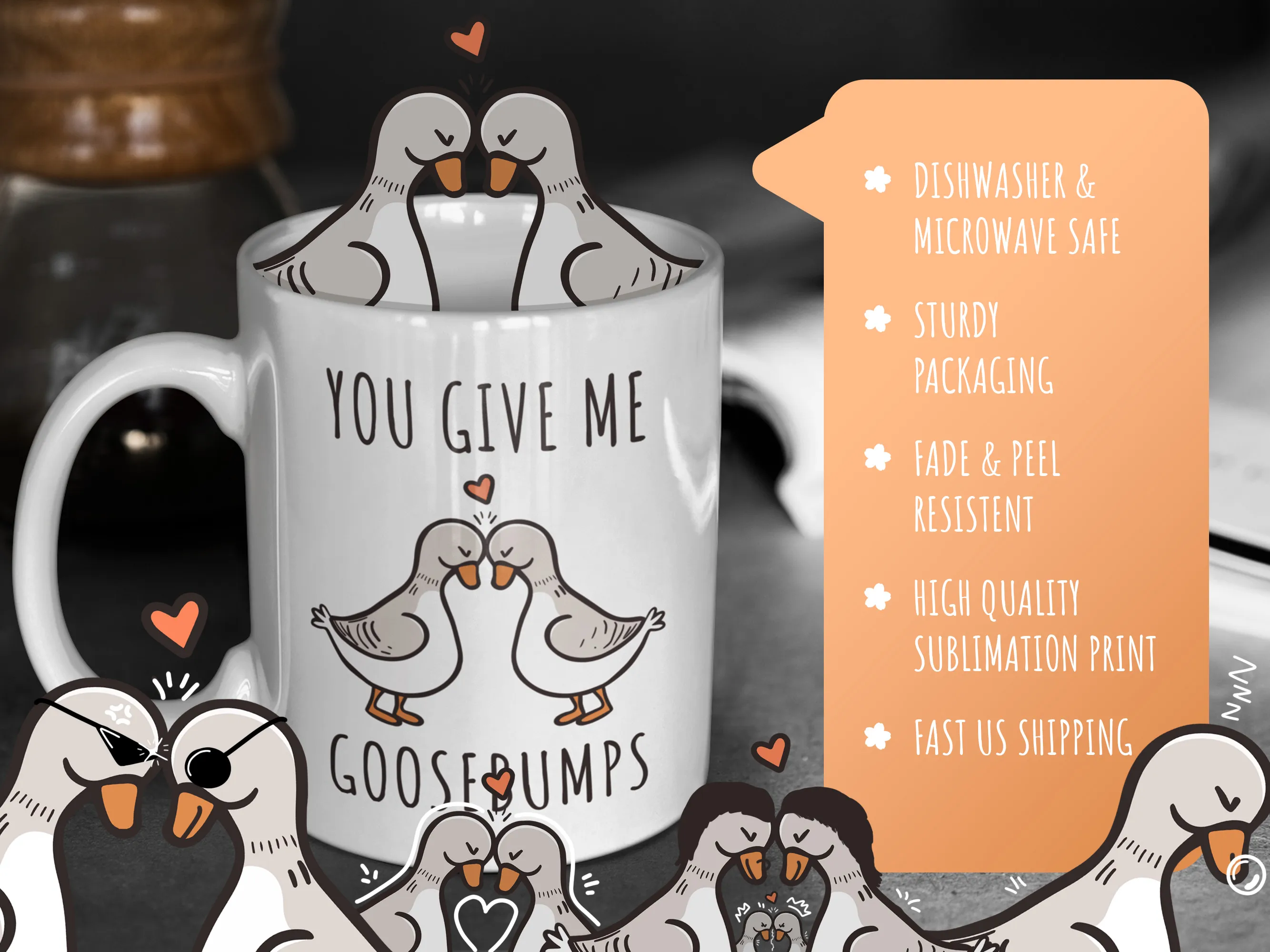 Kawaii geese mug - 'You Give Me Goosebumps' with product features